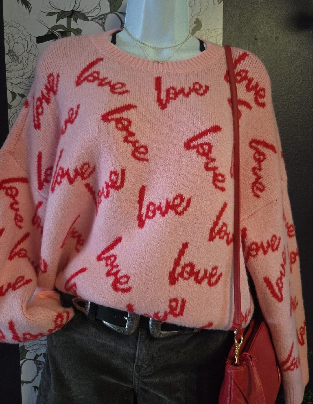 CeCe Pink Crewneck Sweater with Red 'Love' Script Sz PL